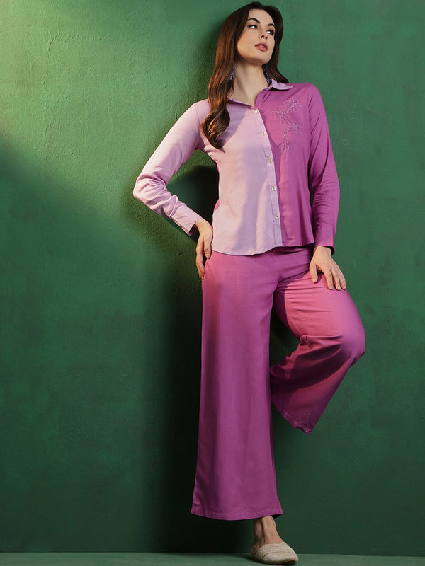 Purple Embroidered Shirt Collar Shirt & Palazzo Co-Ords
