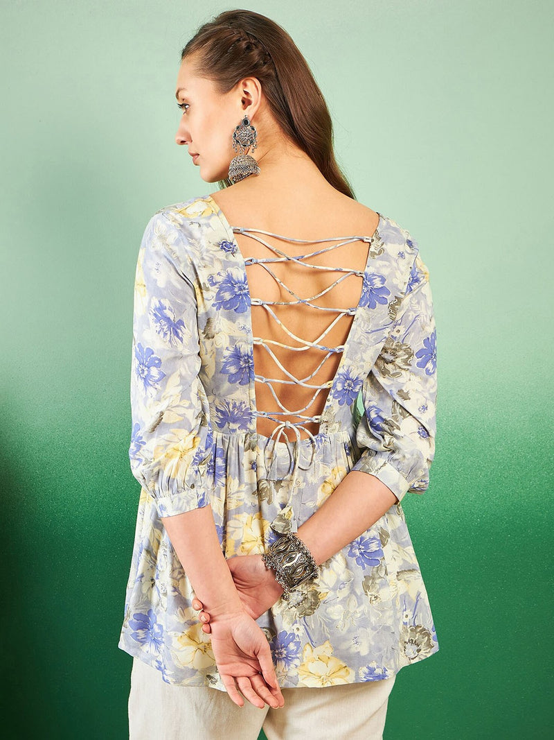 Floral Printed Pleated Round Neck Kurti