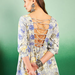 Floral Printed Pleated Round Neck Kurti