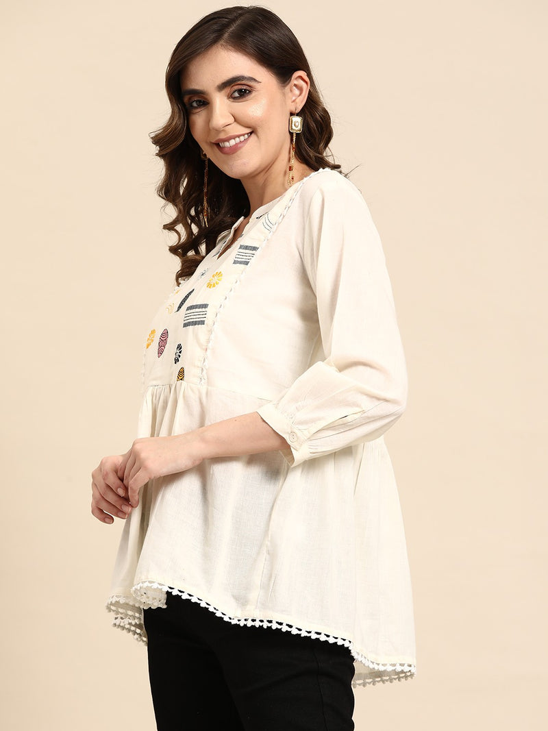 Off White Embroidered Pure Cotton Kurtis