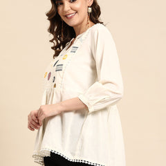 Off White Embroidered Pure Cotton Kurtis