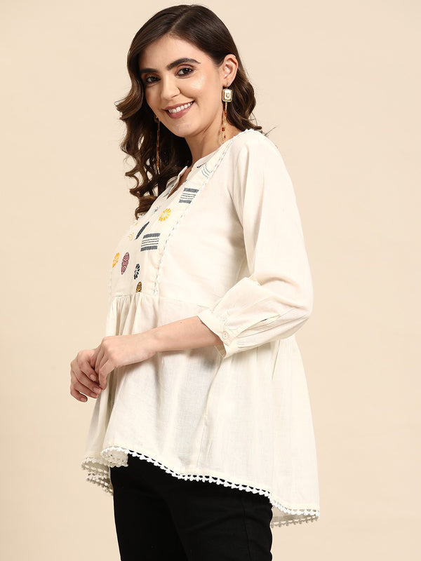 Off White Embroidered Pure Cotton Kurtis