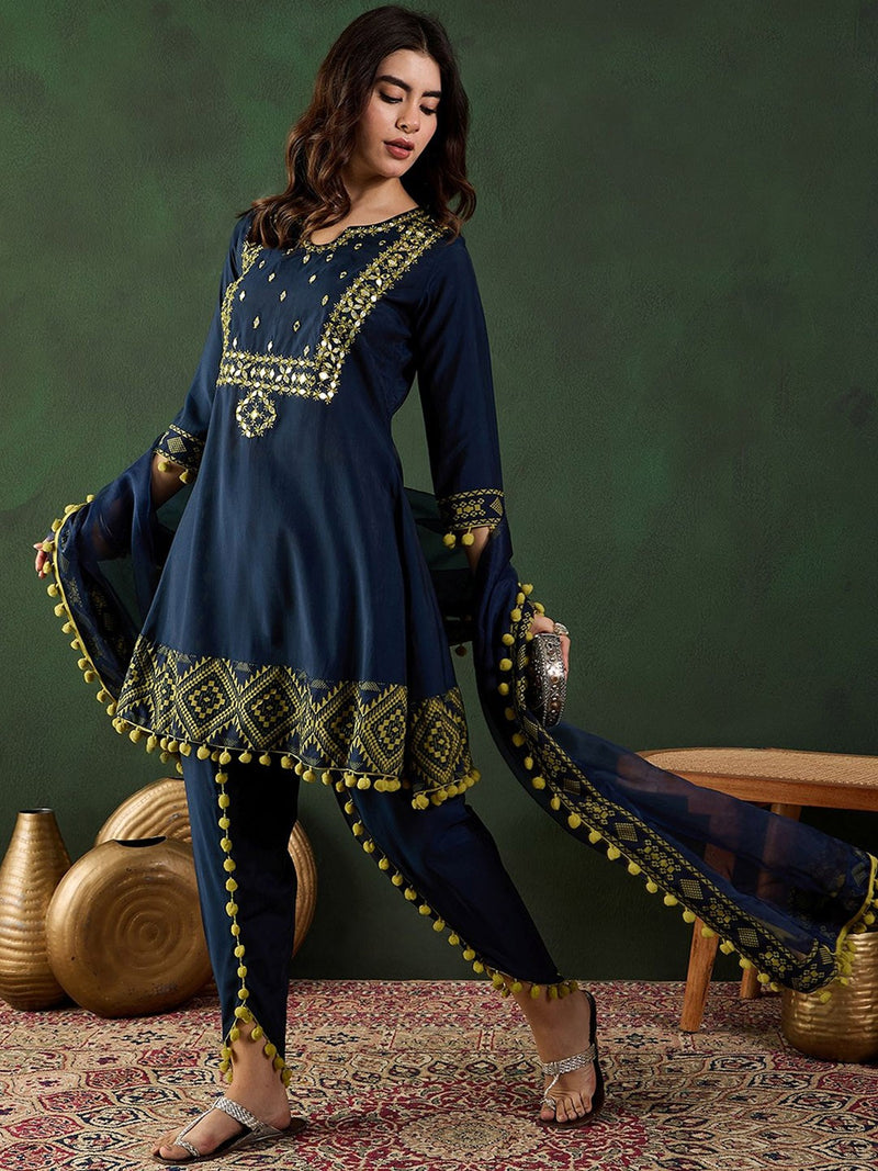 Navy Blue Notch-Neck Mirror Work Chanderi Silk Kurta With Dhoti Pant And Dupatta