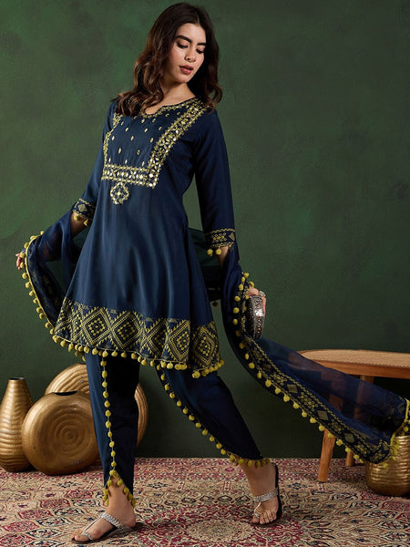Navy Blue Notch-Neck Mirror Work Chanderi Silk Kurta With Dhoti Pant And Dupatta