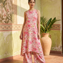 Floral Print Sleeveless Straight Kurta With Trousers