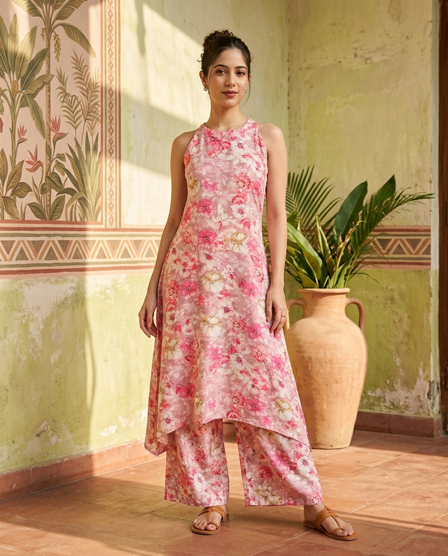 Floral Print Sleeveless Straight Kurta With Trousers
