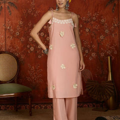 Peach Floral Embroidered Shoulder Straps Kurta With Trouser & Dupatta Kurta Set