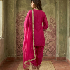 Purple Floral Embroidered & Sequinned A-Line Kurta With Dhoti Pant & Dupatta Kurta Set