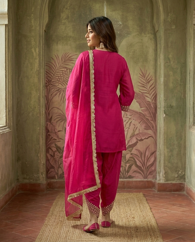 Pink Floral Embroidered & Sequinned A-Line Kurta With Dhoti Pant & Dupatta Kurta Set