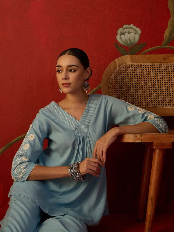 Embroidered V-Neck Tunic With Trouser Co-Ords Set