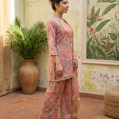 Floral Print & Embroidered  Straight Kurta With Top & Trousers & Dupatta