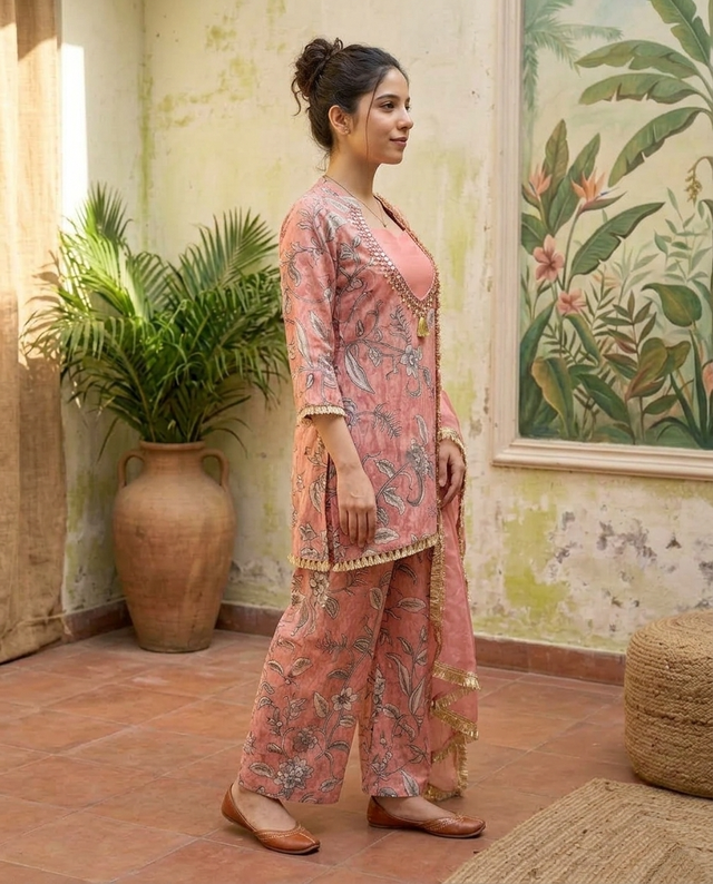 Floral Print & Embroidered  Straight Kurta With Top & Trousers & Dupatta