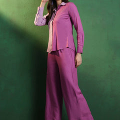 Purple Embroidered Shirt Collar Shirt & Palazzo Co-Ords