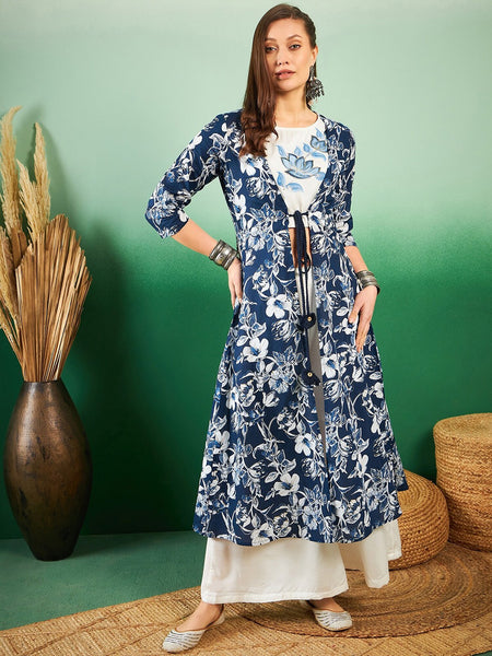 Floral Printed Pure Silk Top & Palazzo Co-Ords With Shrug
