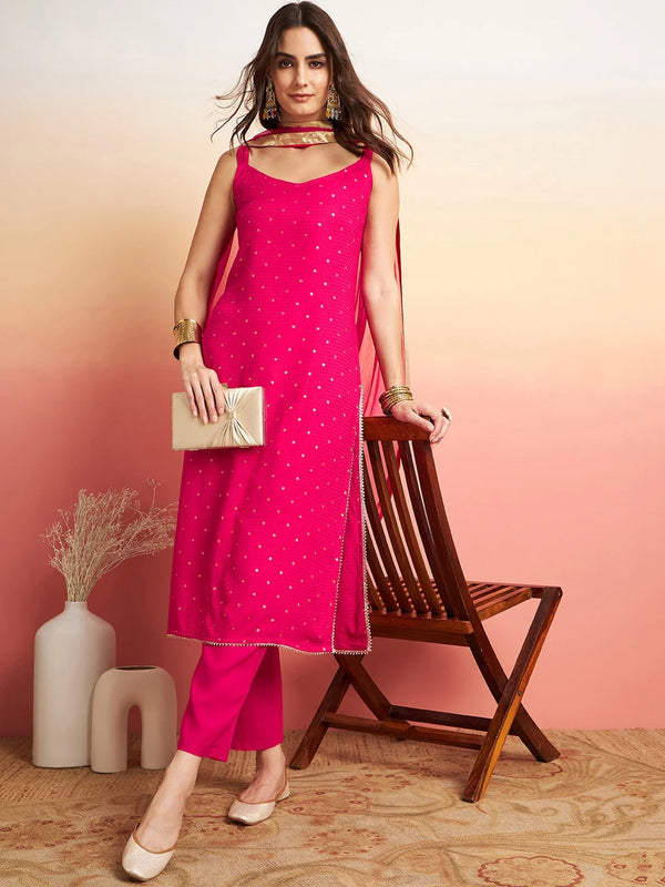 Embroidered Shoulder Straps Straight Kurta With Trousers & Dupatta
