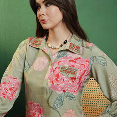 Floral Printed Shirt Collar Mirror Work Pathani Kurta & Trousers