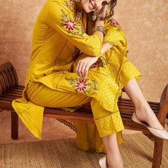 Floral Embroidered Pure Cotton Straight Kurta With Trouser & Dupatta