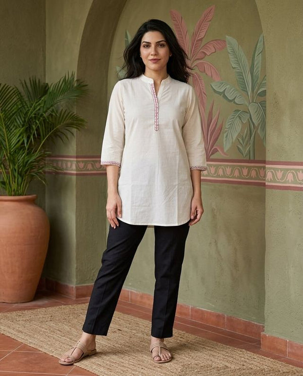 Black Floral Embroidered Straight Short Kurti