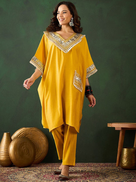 Paisley Embroidered V-Neck Mirror Work Kaftan With Trousers