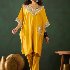 Embroidered  V-Neck Mirror work Kaftan With Trousers