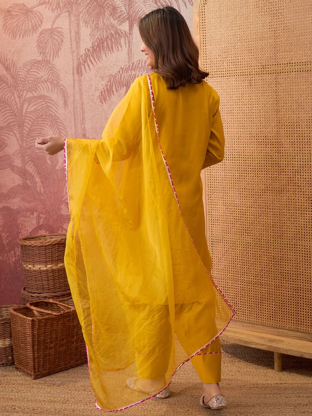 Mustard Ethnic Motif Embroidered Straight Kurta With Trouser & Dupatta Kurta Set