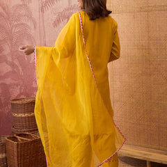 Mustard Ethnic Motif Embroidered Straight Kurta With Trouser & Dupatta Kurta Set