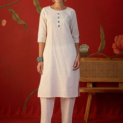 Off White Ethnic Motif Print Straight Kurta With Jacket & Trouser