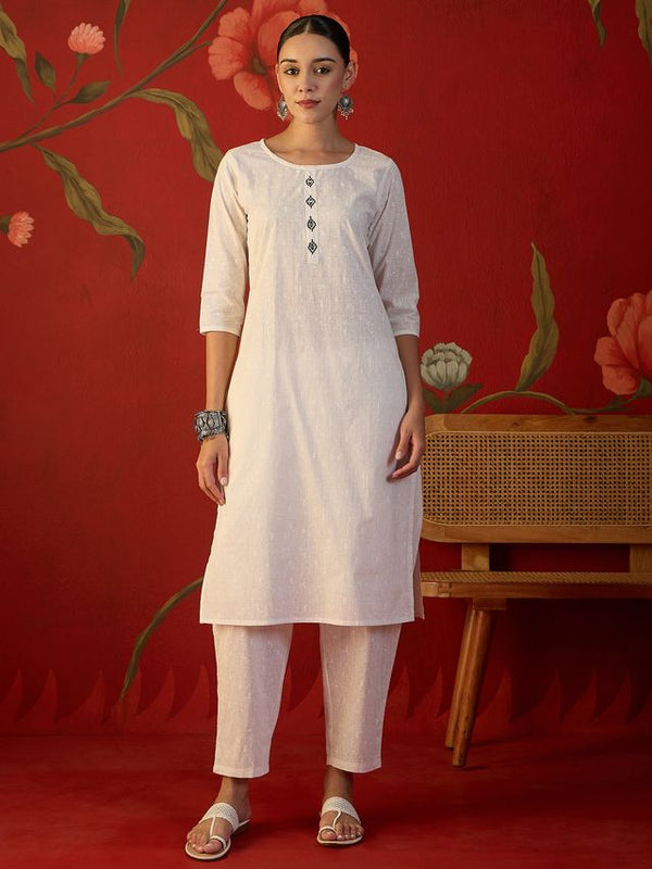 Off White Ethnic Motif Print Straight Kurta With Jacket & Trouser