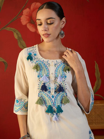 White Floral Embroidered Tunic With Farshi Salwar  Co-Ords Set