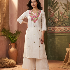 Floral Embroidered Thread Work Straight Kurta With Trousers