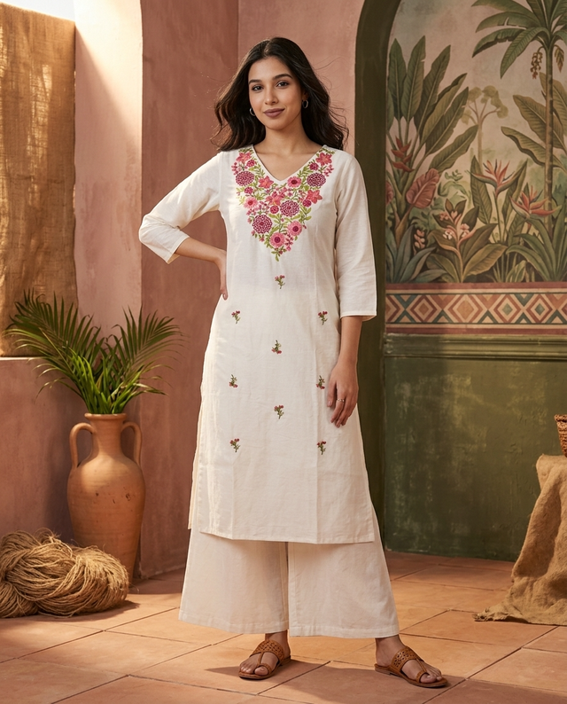 Floral Embroidered Thread Work Straight Kurta With Trousers