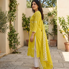 Yellow Embroidered Pure Cotton Straight Kurta With Trouser & Dupatta