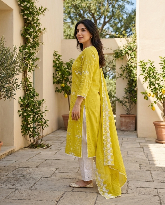 Yellow Embroidered Pure Cotton Straight Kurta With Trouser & Dupatta
