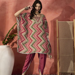 Chevron Printed Mirror Work V-Neck Kaftan Kurta Set