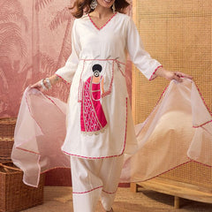 Off White Ethnic Motif Embroidered Straight Kurta With Trouser & Dupatta Kurta Set