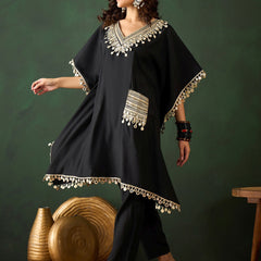 Embroidered  V-Neck Mirror work Kaftan With Trousers