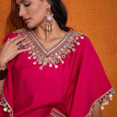 Embroidered  V-Neck Mirror work Kaftan With Trousers