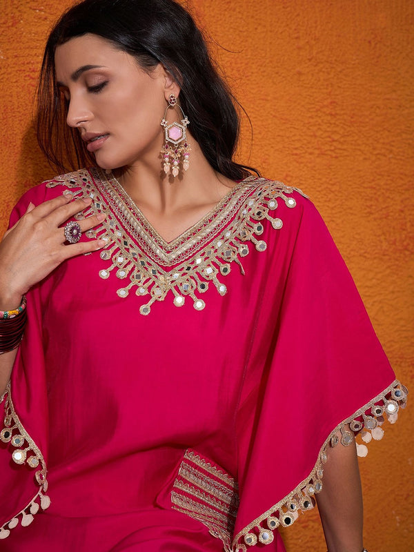Embroidered  V-Neck Mirror work Kaftan With Trousers