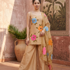 Beige Hand Block Print & Mirror Work Sholder Strap Kurta With Sharara & Dupatta