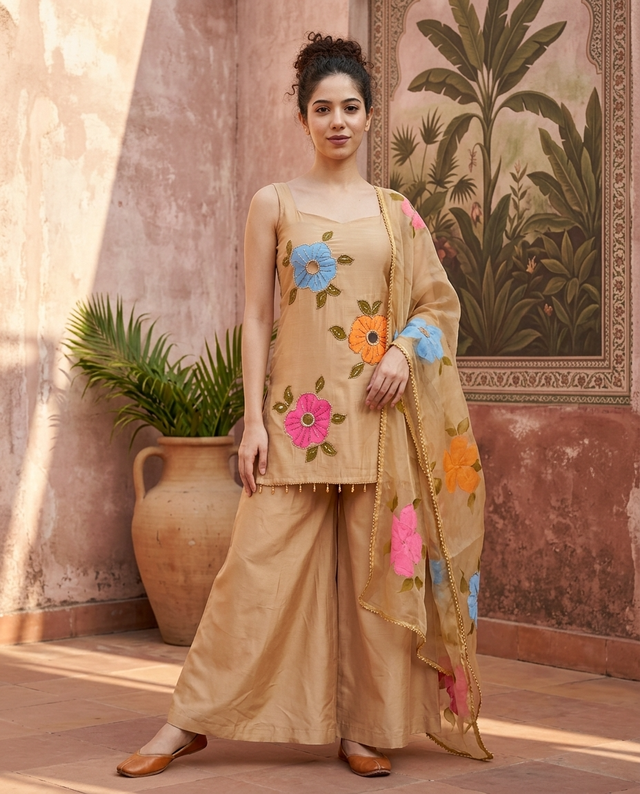 Beige Hand Block Print & Mirror Work Sholder Strap Kurta With Sharara & Dupatta
