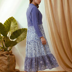 Indigo Blue Floral Printed Tired Anarkali Kurta With Jacket