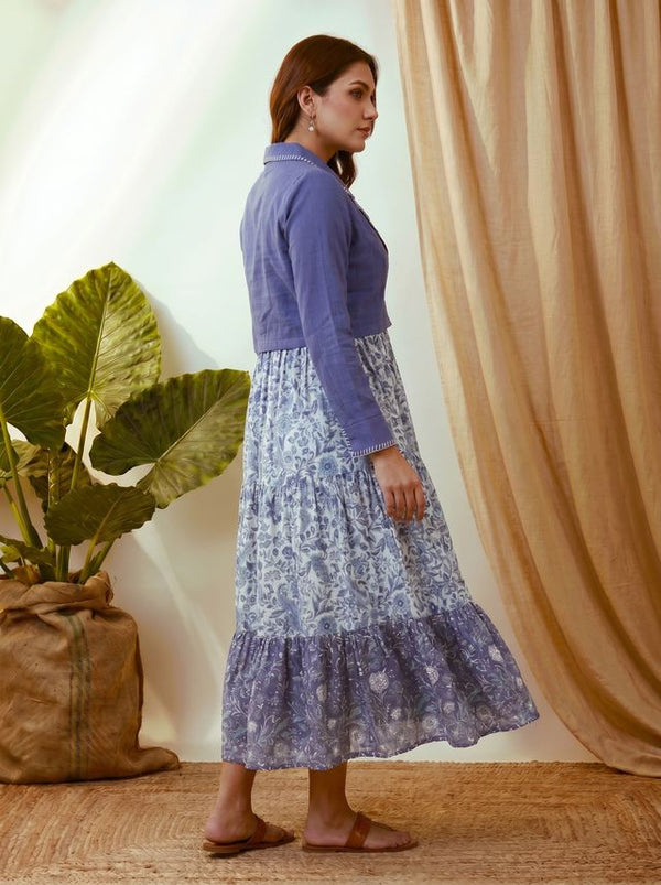 Indigo Blue Floral Printed Tired Anarkali Kurta With Jacket