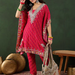 Red Bandhani Printed Regular Mirror Work Kaftan Kurta With Trouser