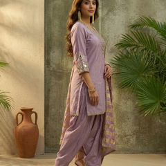 Floral Embroidered & Mirror Work Straight Kurta With & Farsi Salwar & Dupatta