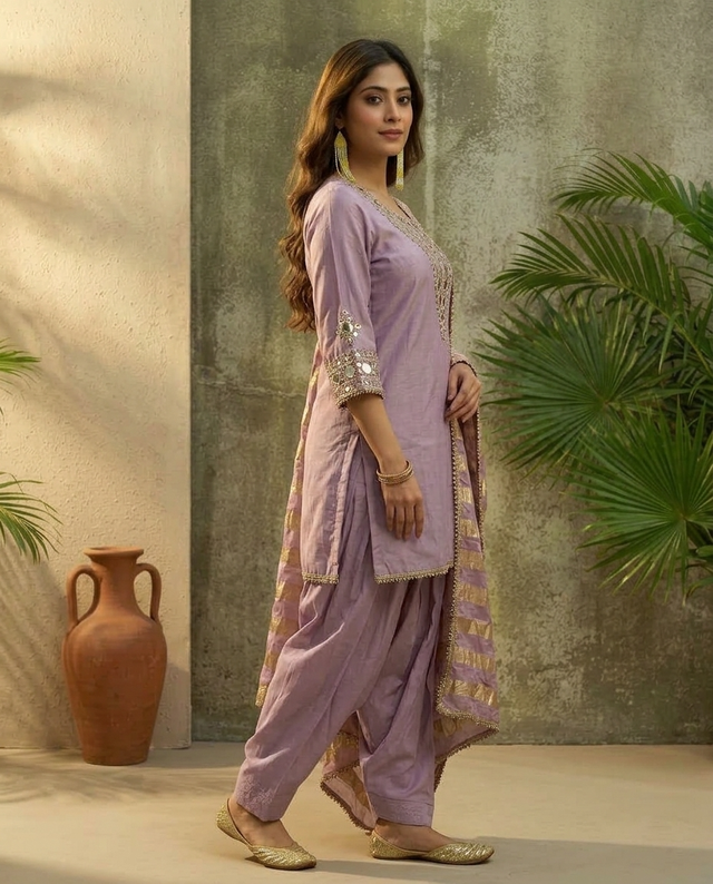 Floral Embroidered & Mirror Work Straight Kurta With & Farsi Salwar & Dupatta
