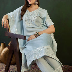 Turquoise Blue Geometric Embroidered Mirror Work Roman Silk Kurta With Trouser