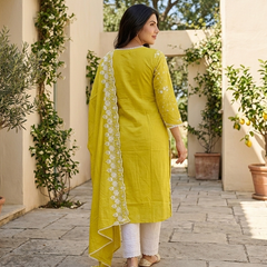 Yellow Embroidered Pure Cotton Straight Kurta With Trouser & Dupatta