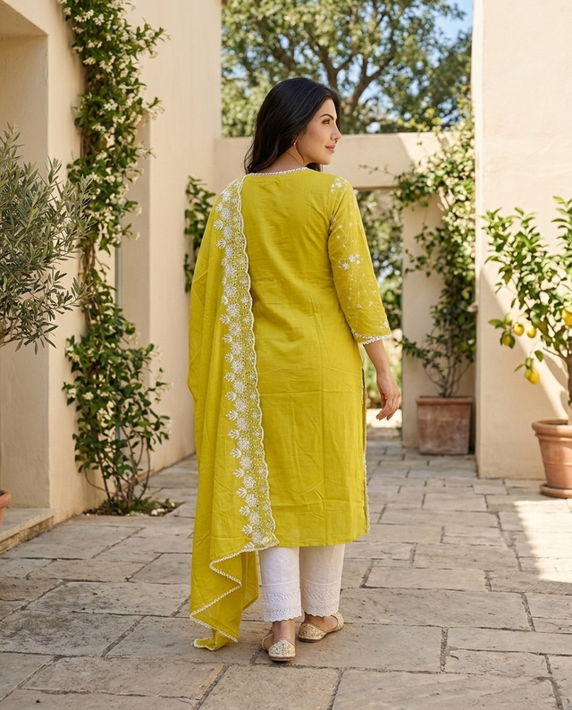 Yellow Embroidered Pure Cotton Straight Kurta With Trouser & Dupatta