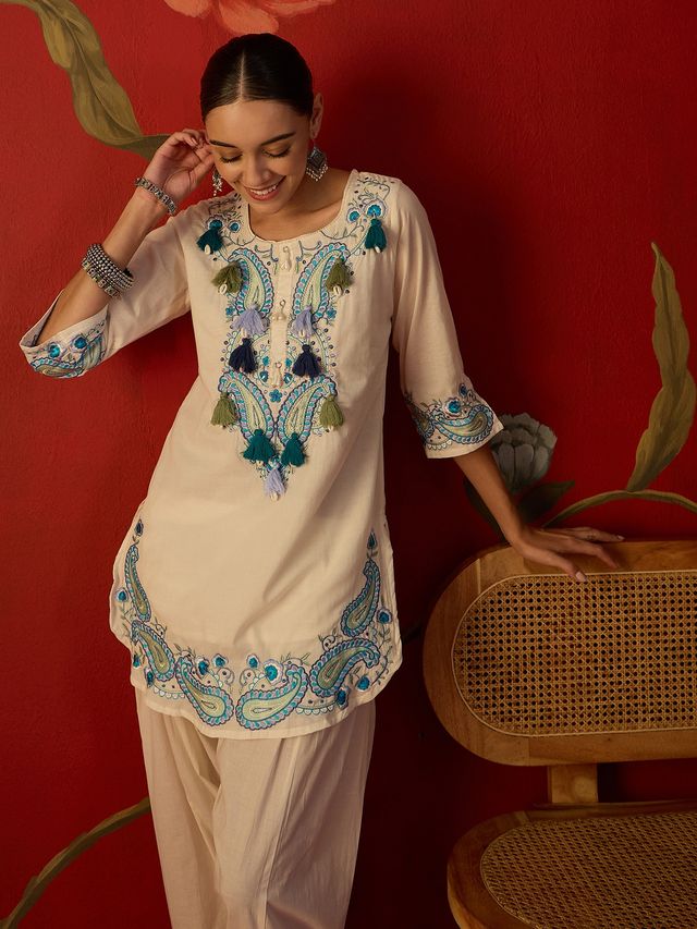 White Floral Embroidered Tunic With Farshi Salwar  Co-Ords Set
