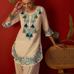 White Floral Embroidered Tunic With Farshi Salwar  Co-Ords Set
